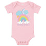 Dreaming Of Disney with a cute rainbow and clouds and moon - Pink Baby Onesie front profile- www.parkshirts.store