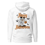 Mickey Mouse dressed up like a mummy going tick or treating - White Hoodie back profile, Happy Halloween with  - www.parkshirts.store