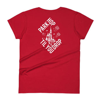 Park Hop Til You Drop with the Magic Kingdom and fireworks - Red t shirt front profile - www.parkshirts.store