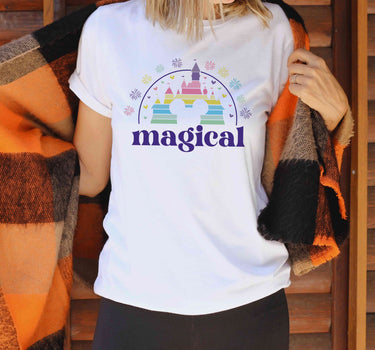 White t-shirt with colorful magical castle design